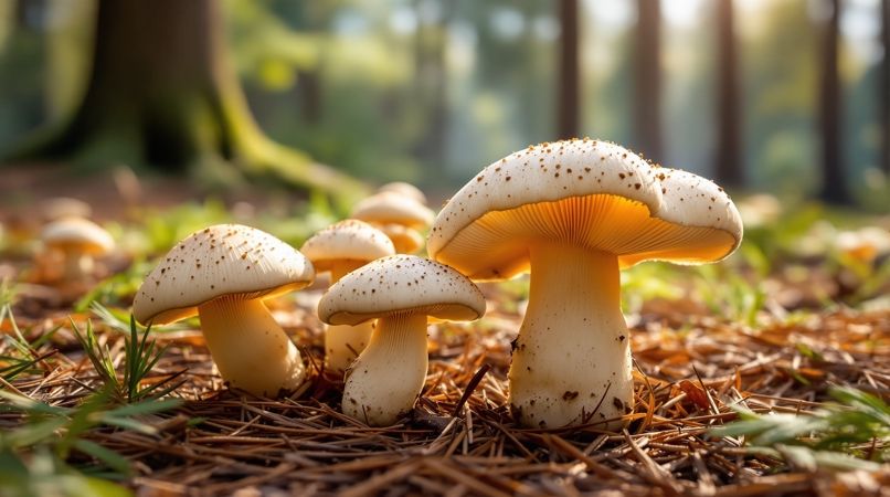 蘑菇视频进山场景配图：松针落叶间冒出的几朵野生菌