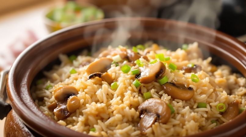 蘑菇视频做饭场景配图：砂锅里冒着热气的香菇焖饭
