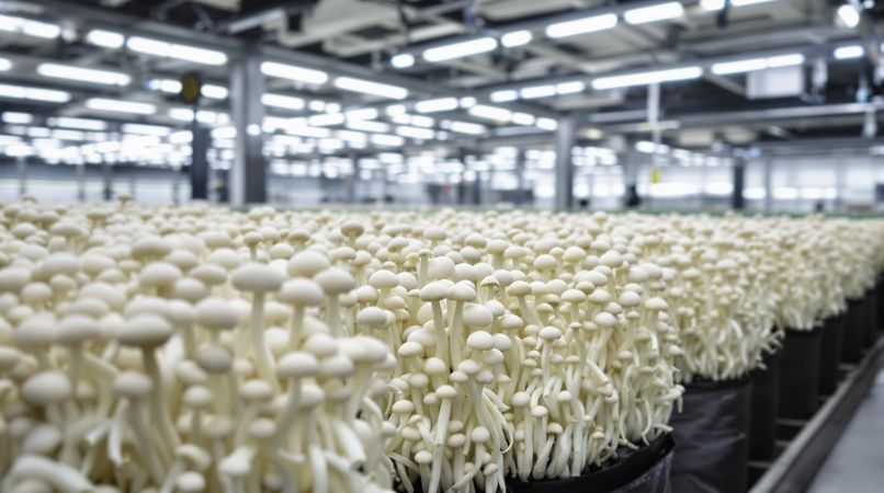 蘑菇视频逛菜场场景配图：菇房里整排瓶栽的白色金针菇