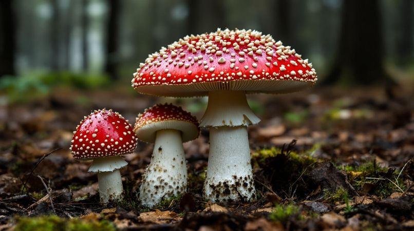 蘑菇视频亲子自然课配图：林地上红盖白点的毒蝇伞