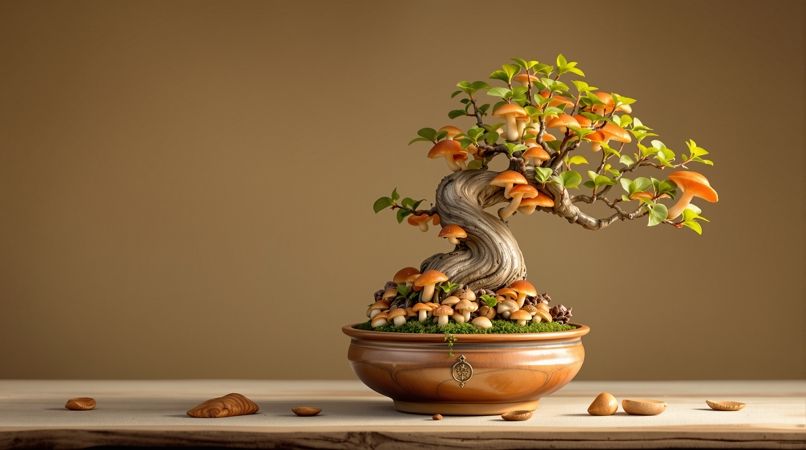 蘑菇视频居家摆件场景配图：陶盆里的灵芝盆景
