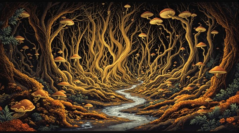 蘑菇视频亲子自然课配图：地下菌丝连成网络的插画